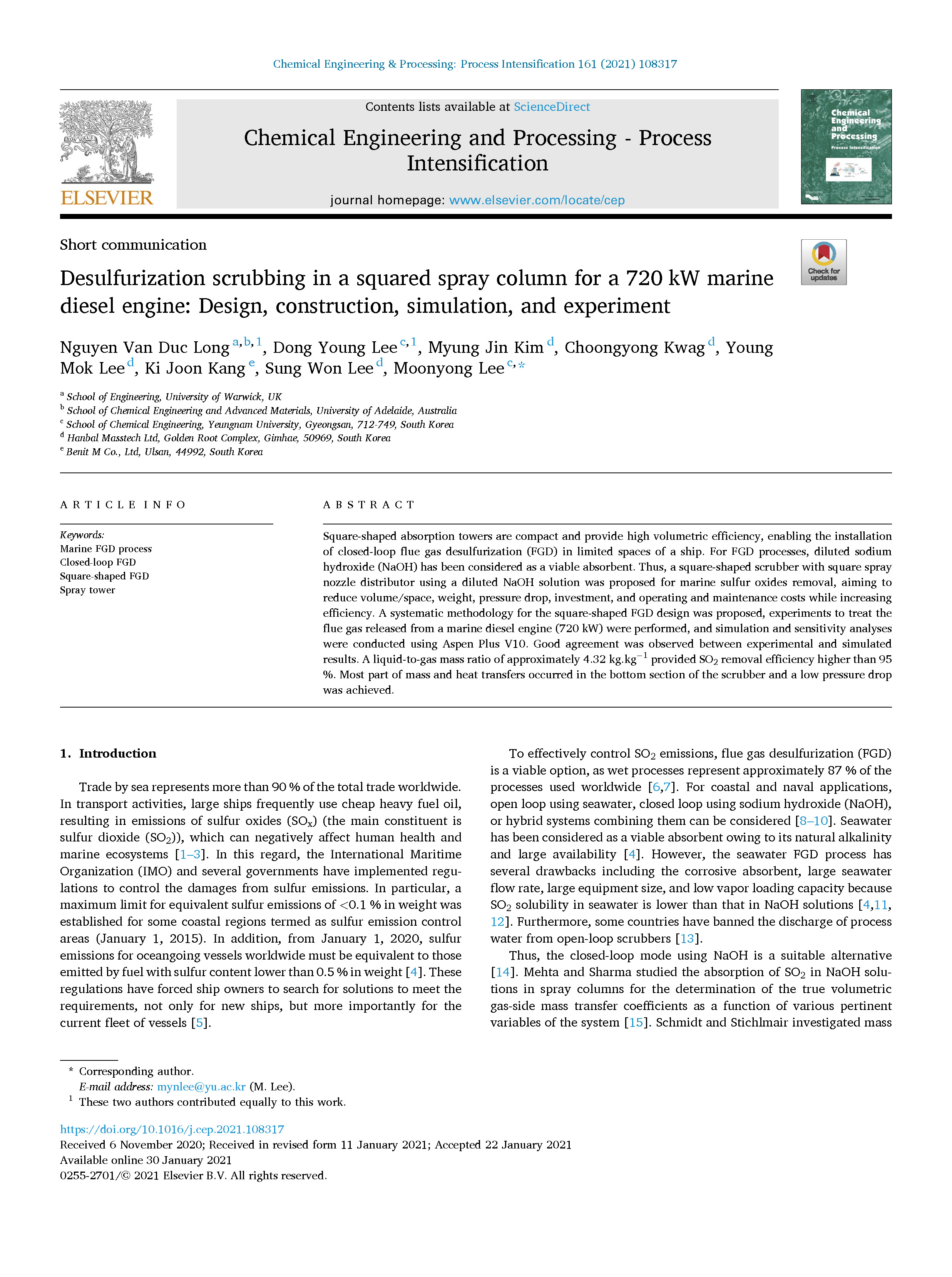 Desulfurization scrubbing in a squared spray column for a 720 kW marine diesel engine: Design, construction, simulation, and experiment